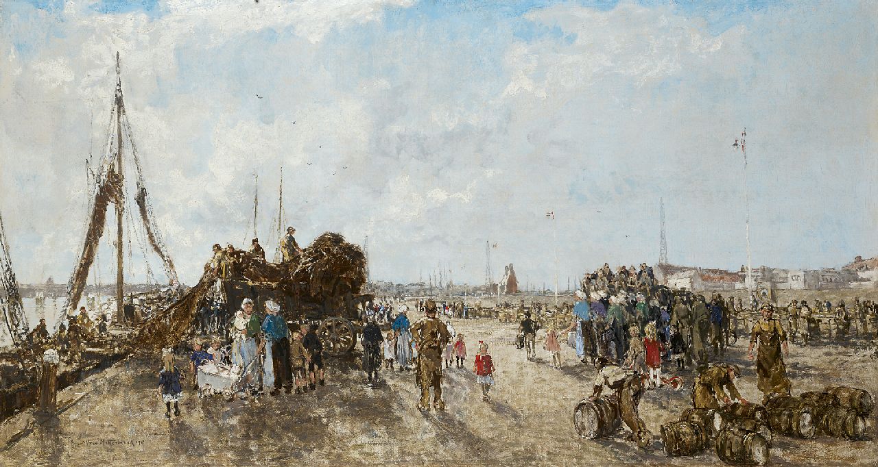 Mastenbroek J.H. van | Johan Hendrik van Mastenbroek, A busy dag at Scheveningen harbour, Öl auf Leinwand 70,0 x 130,0 cm, signed l.l. und dated 1937
