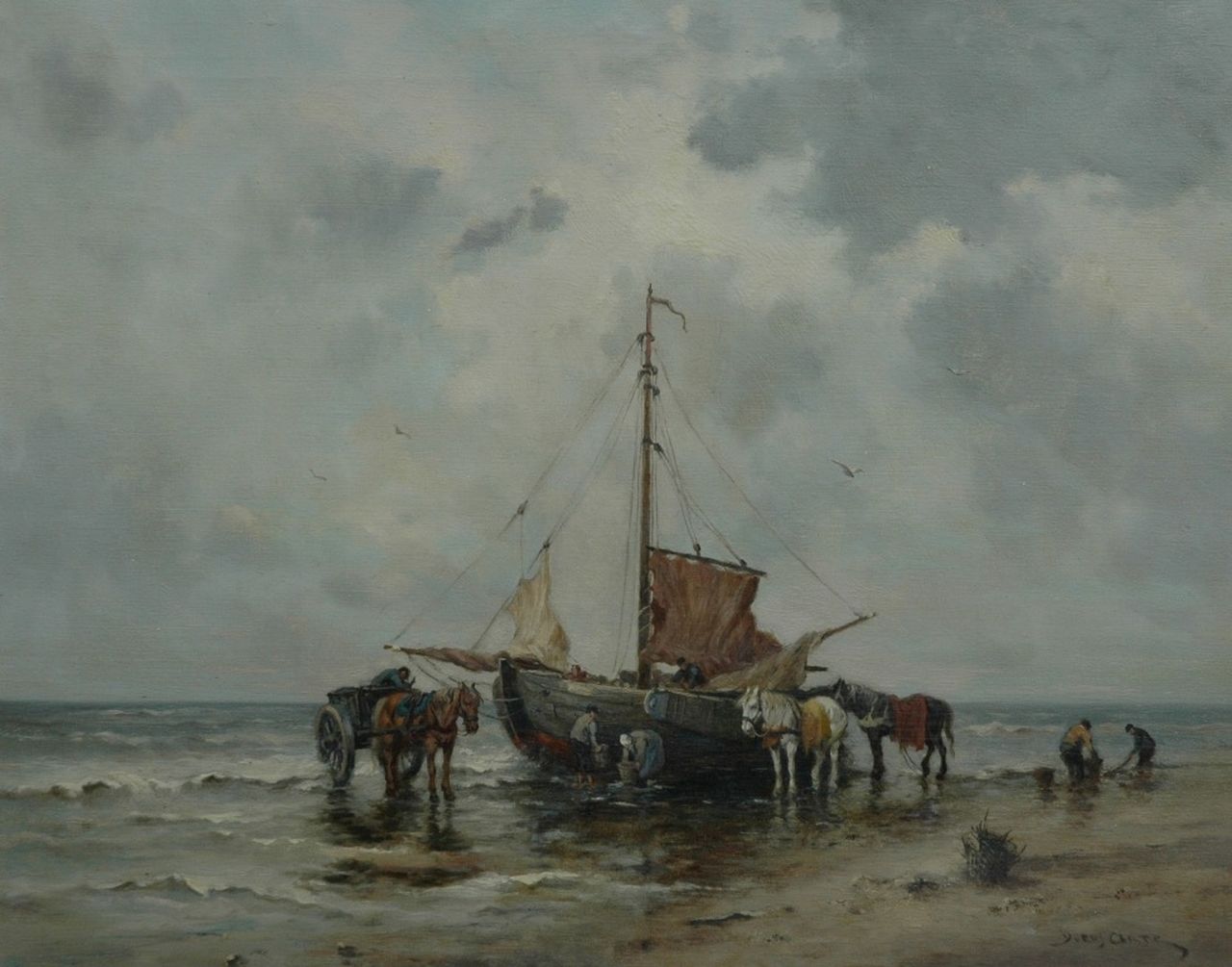 Arts T.J.  | Theodorus Johannes 'Dorus' Arts, Fischermen on the beach in Holland, Öl auf Leinwand 40,7 x 51,0 cm, signed l.r.