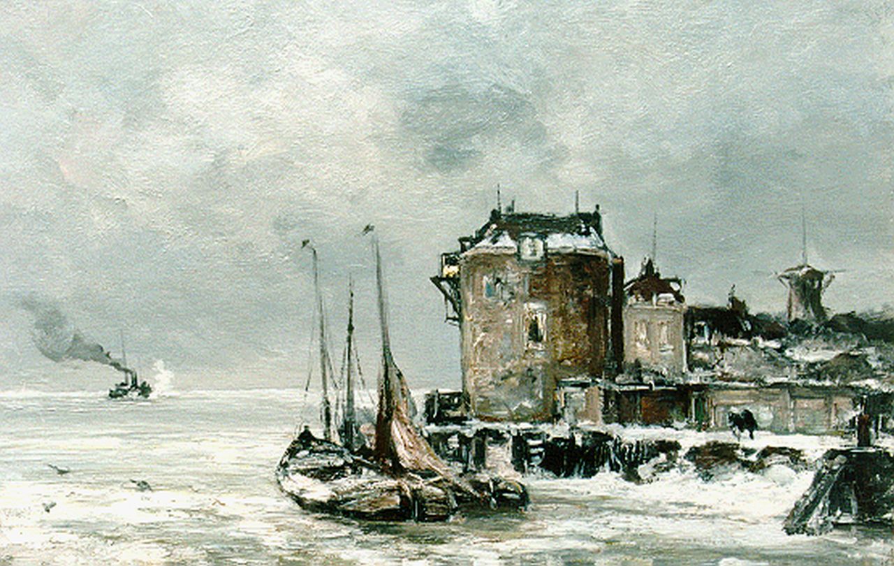 Apol L.F.H.  | Lodewijk Franciscus Hendrik 'Louis' Apol, A view of 'de Campveersche toren' in winter, Öl auf Leinwand 42,5 x 60,0 cm, signed l.r.