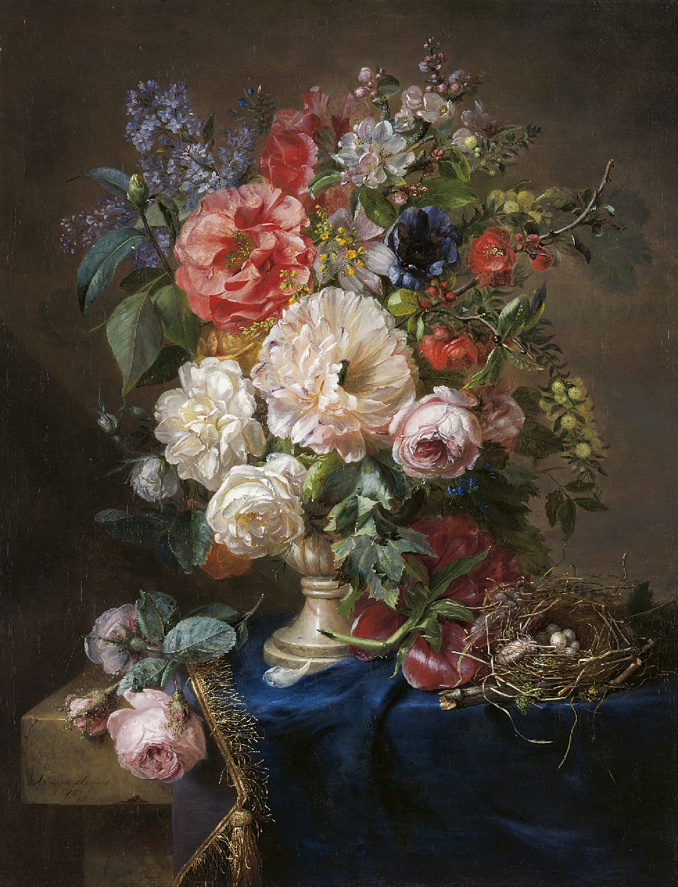 Haanen A.J.  | Adriana Johanna Haanen, Blumenstillleben mit Rosen, Flieder und Blüten und einem Vogelnest, Öl auf Leinwand 71,0 x 55,0 cm, Unterzeichnet u.l. und datiert 1848