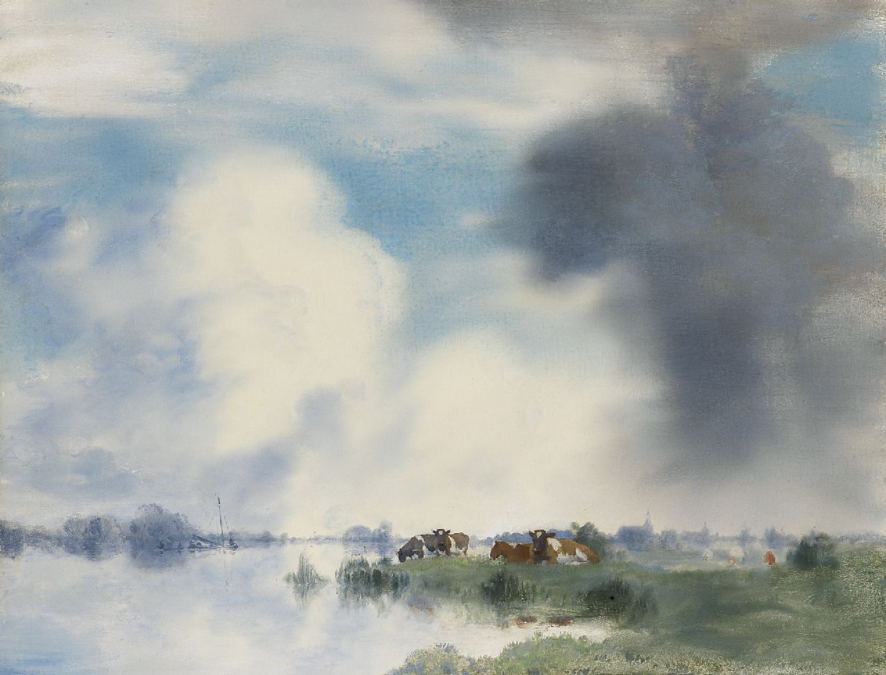 Voerman sr. J.  | Jan Voerman sr., Cows on the banks of the IJssel river near Hattem, Öl auf Holz 39,9 x 52,2 cm, signed l.r.