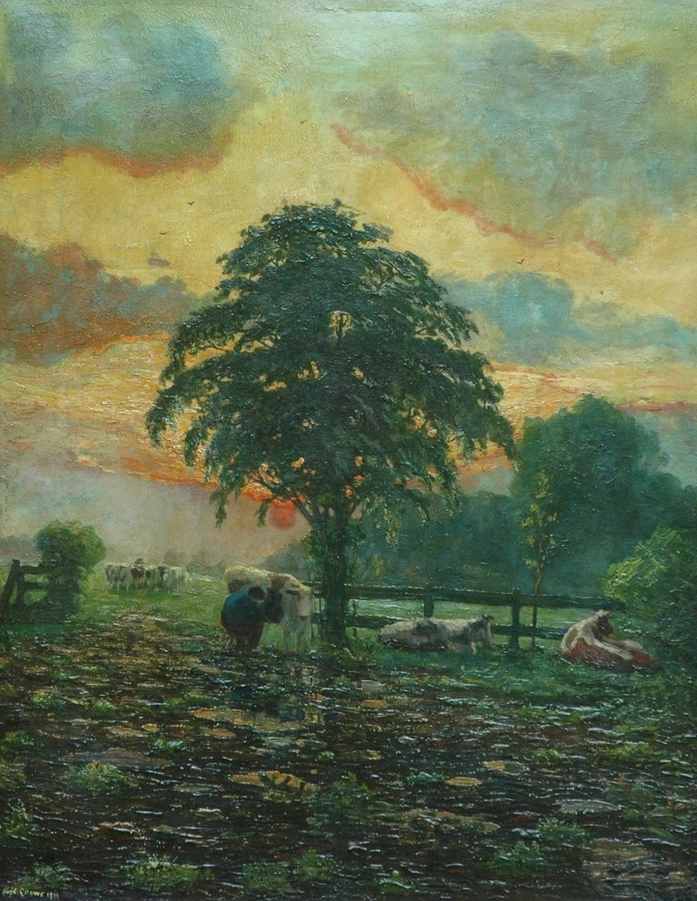 Gouwe A.H.  | Adriaan Herman Gouwe, Milking the cows at sunset, Limburg, Öl auf Leinwand 92,5 x 72,5 cm, signed l.l. und dated 1911