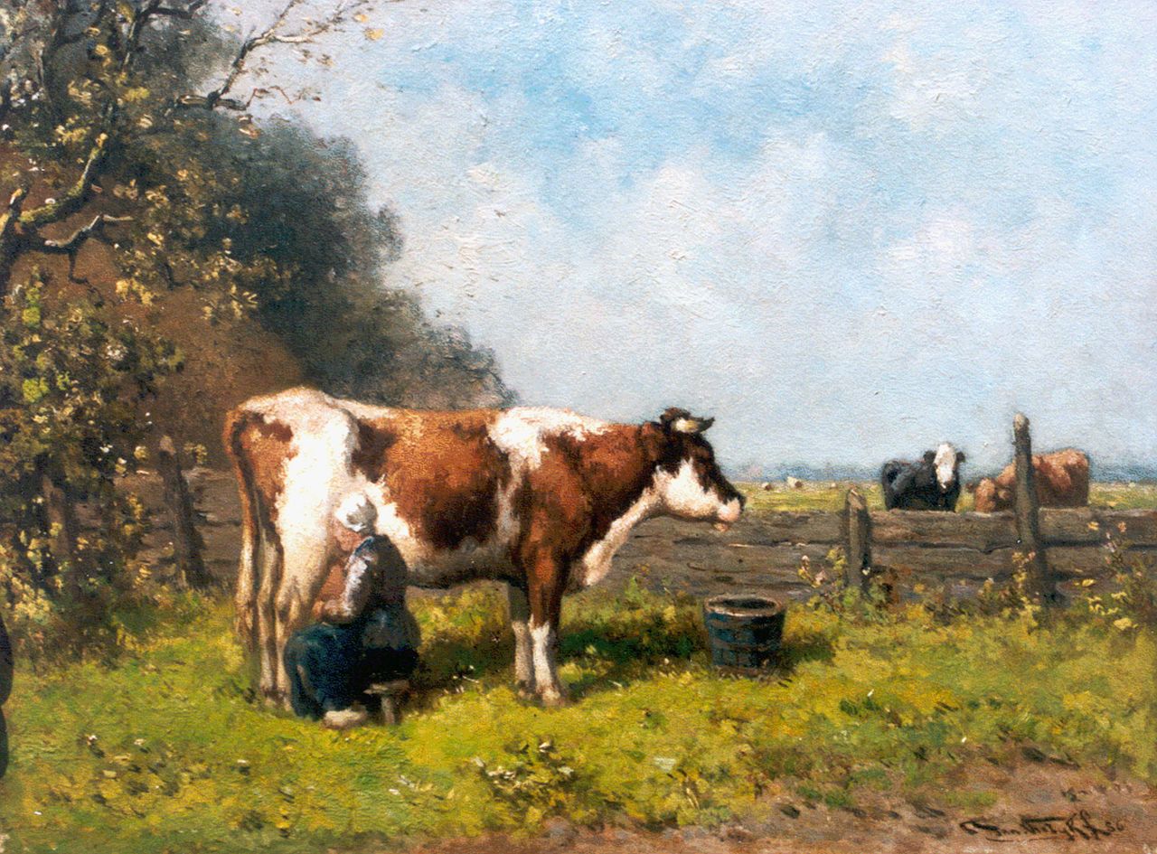 Vrolijk J.M.  | Johannes Martinus 'Jan' Vrolijk, Milking time, Öl auf Holz 24,3 x 31,7 cm, signed l.r. und dated '56