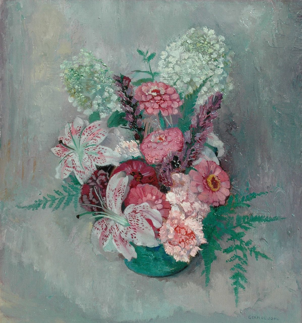 Jong G. de | Gerben 'Germ' de Jong | Gemälde zum Verkauf angeboten | Blumenstilleben mit Zinnien und Lilien, Öl auf Leinwand 46,2 x 42,3 cm, Unterzeichnet r.u.