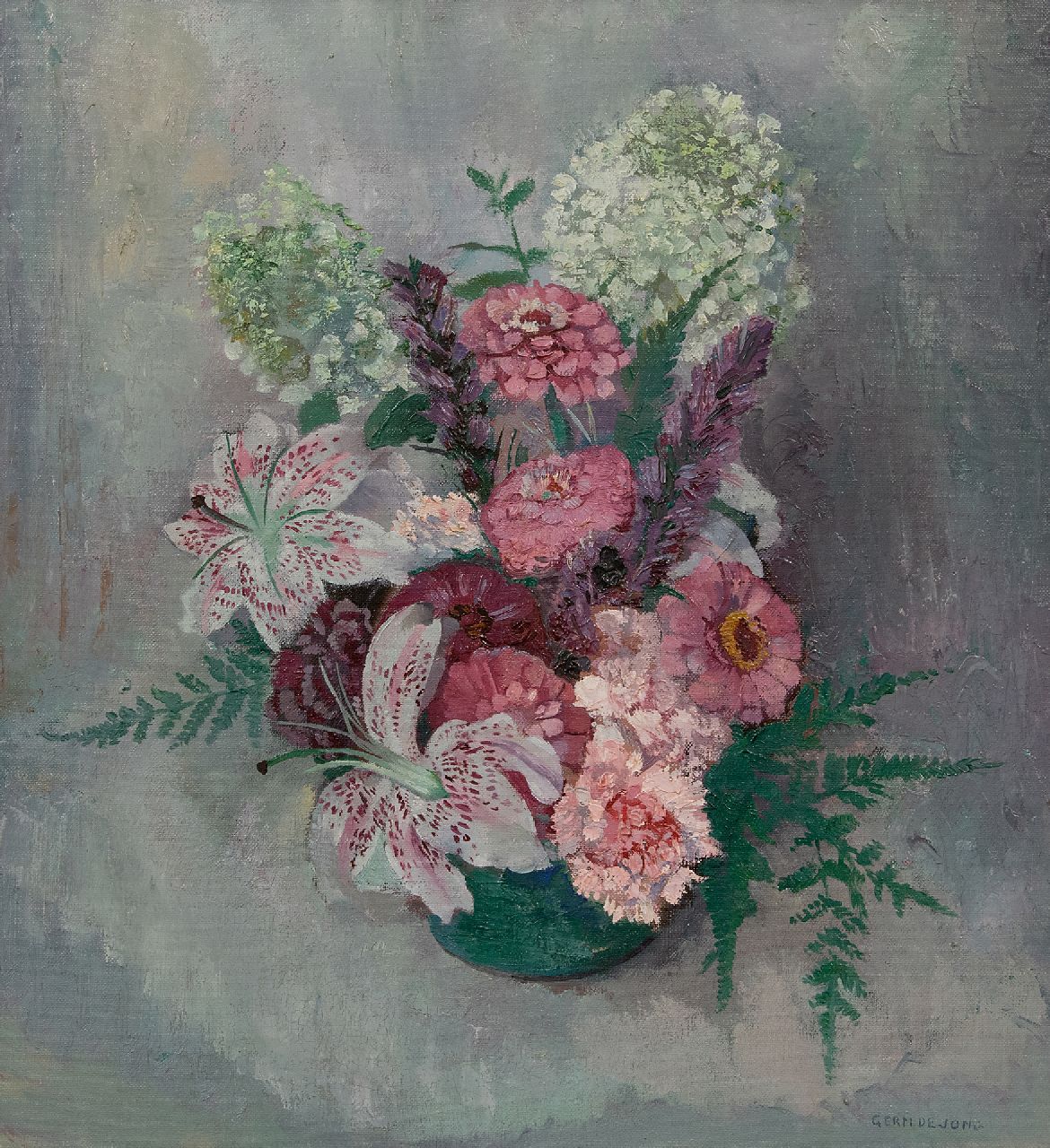 Jong G. de | Gerben 'Germ' de Jong | Gemälde zum Verkauf angeboten | Blumenstilleben mit Zinnien und Lilien, Öl auf Leinwand 46,2 x 42,3 cm, Unterzeichnet r.u.