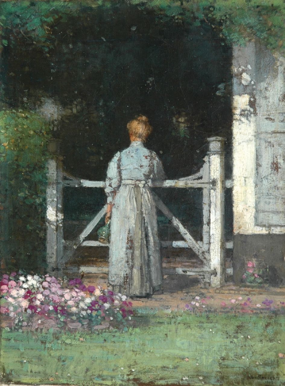 Bogaerts J.J.M.  | Johannes Jacobus Maria 'Jan' Bogaerts, Near the garden fence, Öl auf Leinwand 32,2 x 23,6 cm, signed l.r. und dated 1909