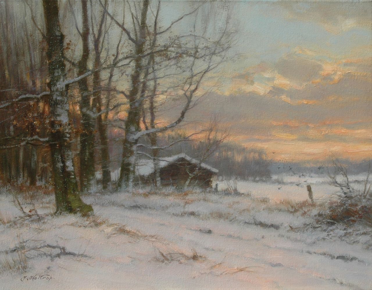 Holtrup J.  | Jan Holtrup, Landscape in winter at dusk, Öl auf Leinwand 35,0 x 45,2 cm, signed l.l.