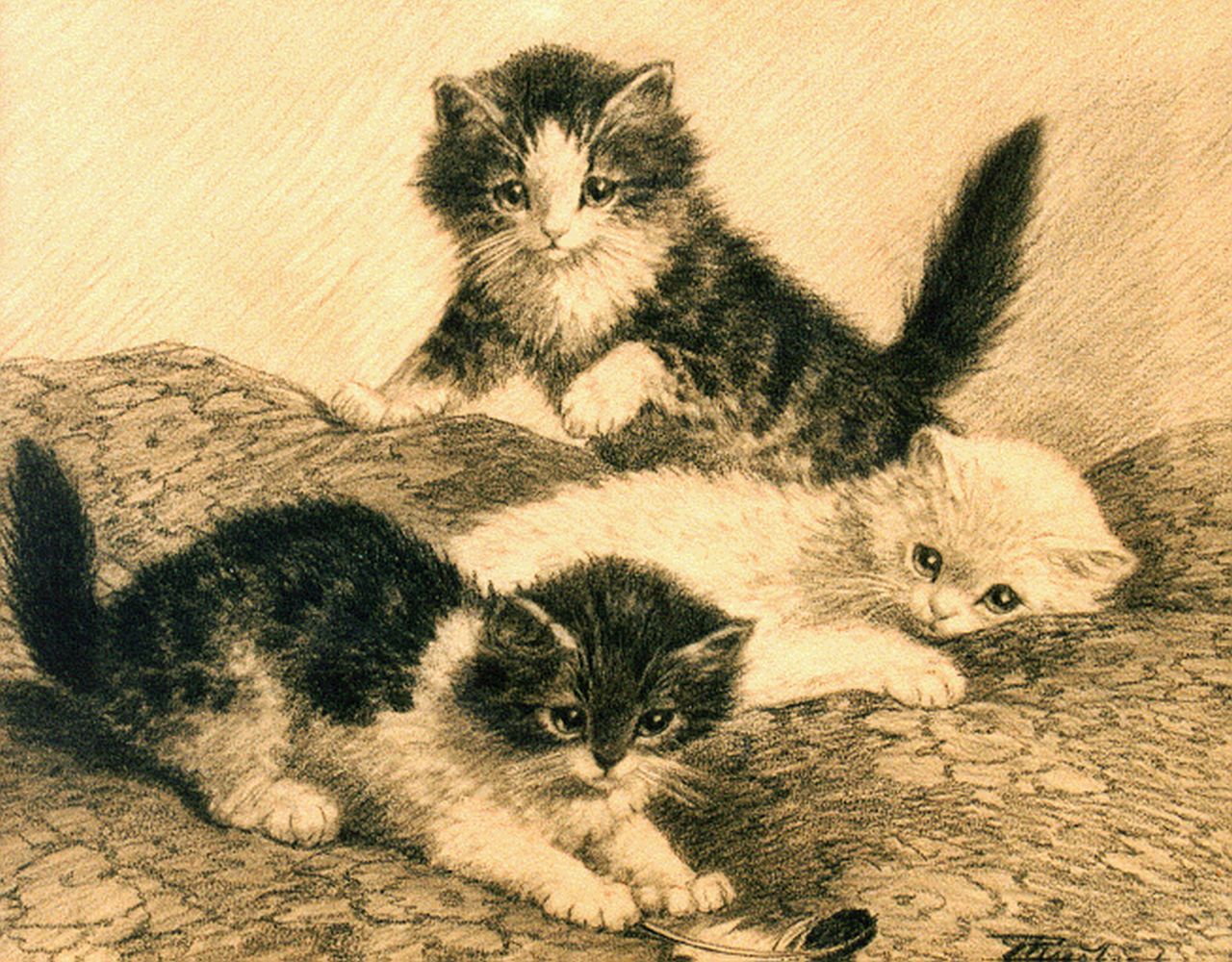 Raaphorst C.  | Cornelis Raaphorst, Three kittens playing, Zeichnung auf Papier 27,5 x 34,0 cm, signed l.r.
