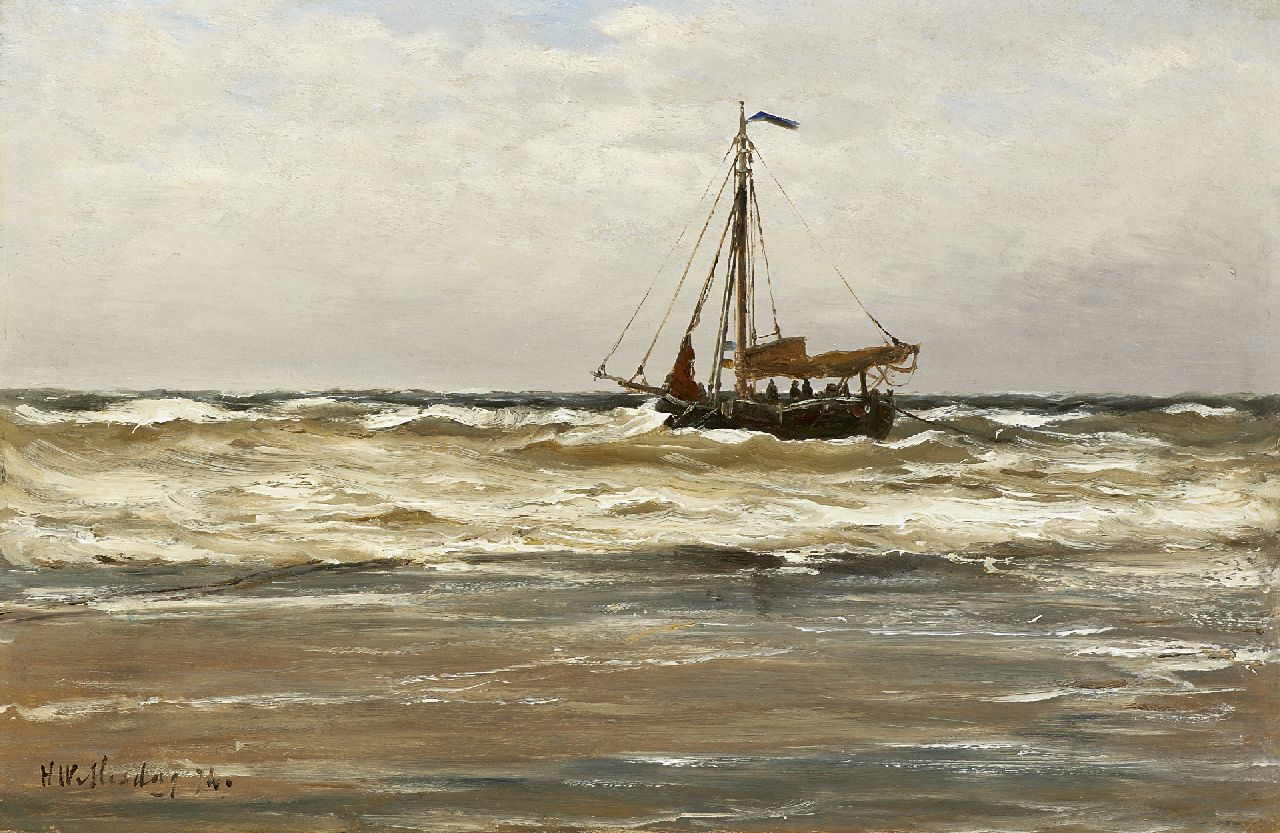 Mesdag H.W.  | Hendrik Willem Mesdag, Seaview with a fishing boat, Öl auf Holz 26,0 x 39,5 cm, signed l.l. und dated '74