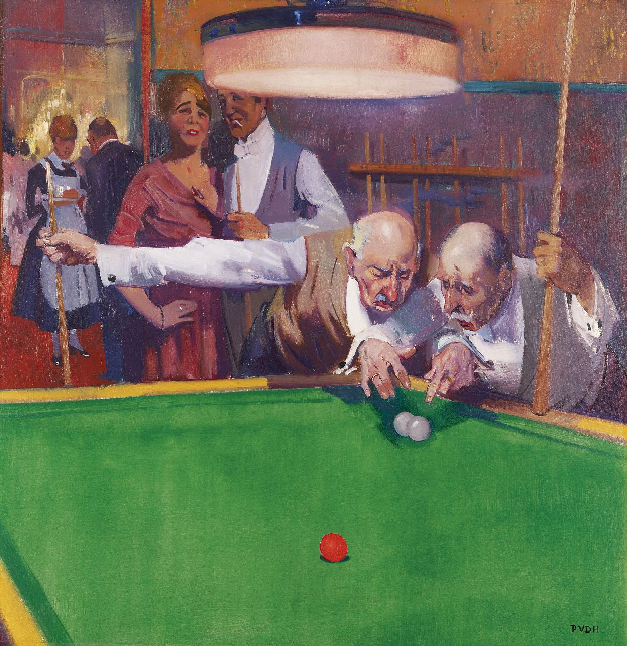 Hem P. van der | Pieter 'Piet' van der Hem, Discussing a game of billiards, Öl auf Leinwand 79,8 x 76,7 cm, signed l.r. and with initials und painted ca. 1919