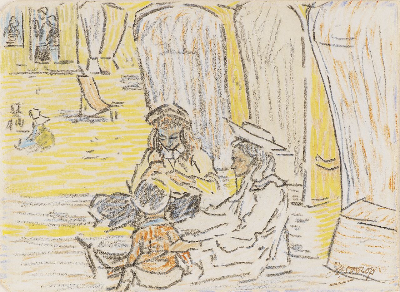 Toorop J.Th.  | Johannes Theodorus 'Jan' Toorop, Spielende Kinder am Strand von Domburg, Bleistift und Farbkreide auf Papier 11,5 x 15,6 cm, Unterzeichnet r.u. und zu datieren um 1907
