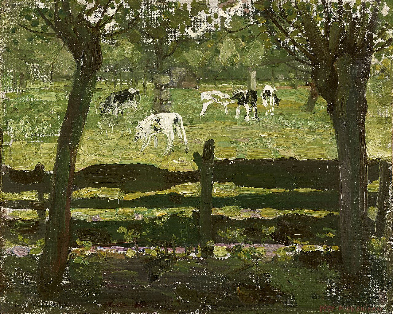 Mondriaan P.C.  | Pieter Cornelis 'Piet' Mondriaan, Calves in the meadow - 'het white bull-calf', Öl auf Leinwand  auf Holzfaser 31,0 x 39,1 cm, signed l.r. und painted ca. 1905