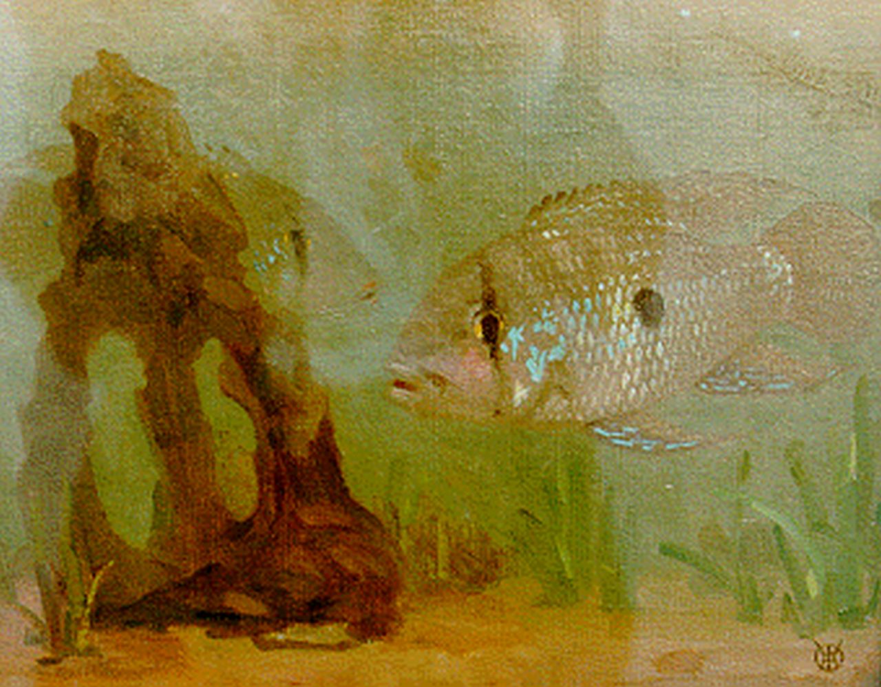 Dijsselhof G.W.  | Gerrit Willem Dijsselhof, A fish, Öl auf Leinwand 23,6 x 30,0 cm, signed l.r. with monogram