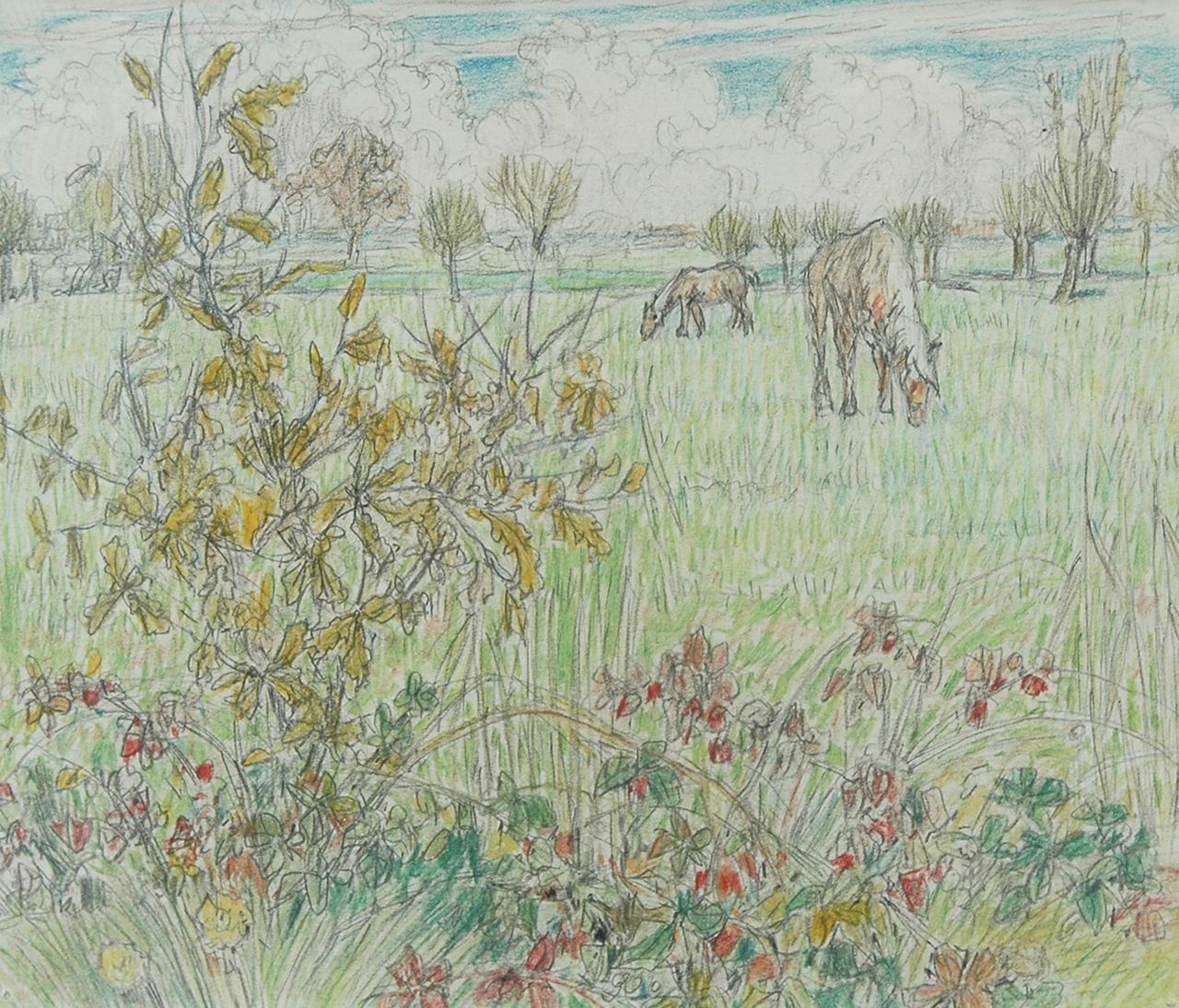 Kennedy R.W.  | Reinier Willem Kennedy, Horses and flowers in the meadow, Farbkreide auf Papier 15,8 x 18,0 cm, executed after 1928