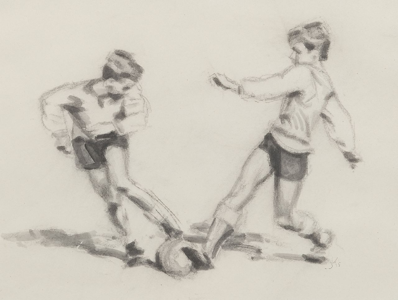 Jan Kempers | Fussballspieler 3, Holzkohle und Tinte auf Papier, 38,0 x 48,0 cm, Unterzeichnet r.u. mit Monogramm und jaren '50