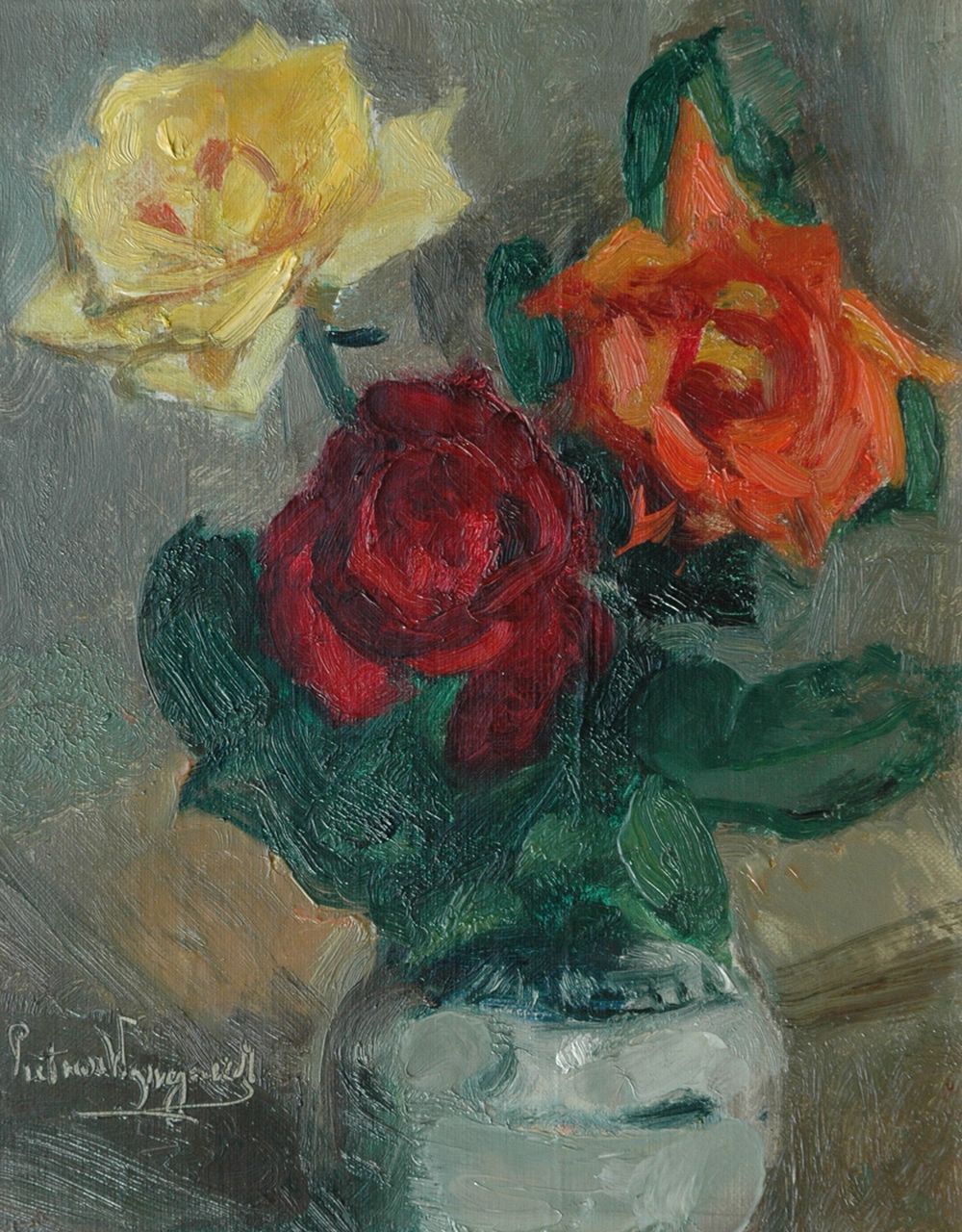 Wijngaerdt P.T. van | Petrus Theodorus 'Piet' van Wijngaerdt, Roses in a Cologne pot, Öl auf Leinwand 30,8 x 24,8 cm, signed l.l.