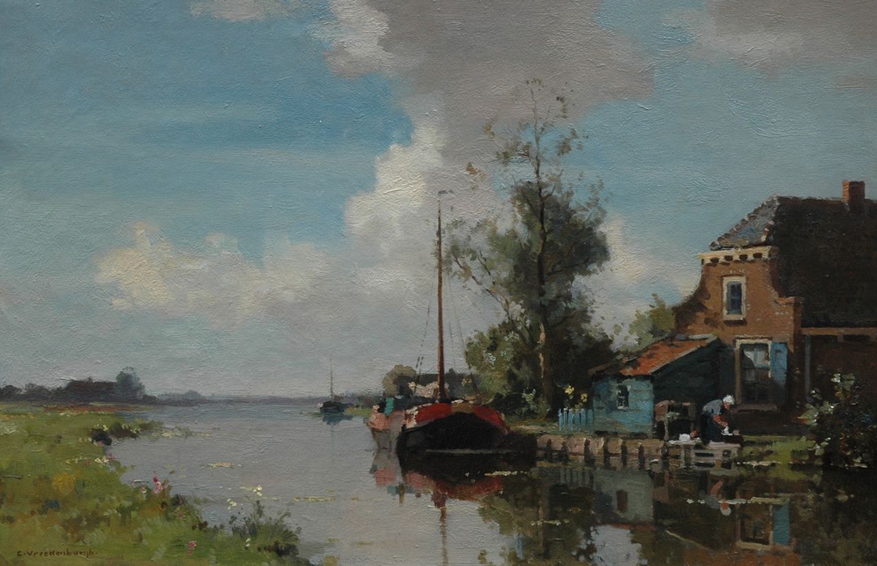 Vreedenburgh C.  | Cornelis Vreedenburgh | Gemälde zum Verkauf angeboten | Bauernhof am Wasser mit angelegter Tjalk, Öl auf Leinwand 40,5 x 60,5 cm, Unterzeichnet l.u.