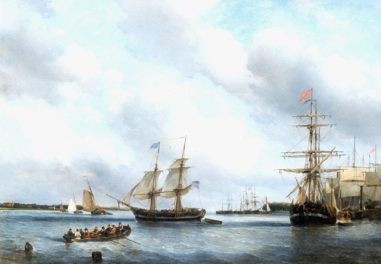 Waldorp A.  | Antonie Waldorp, Shipping on the river Maas, Öl auf Holz 59,2 x 85,2 cm, signed l.l.