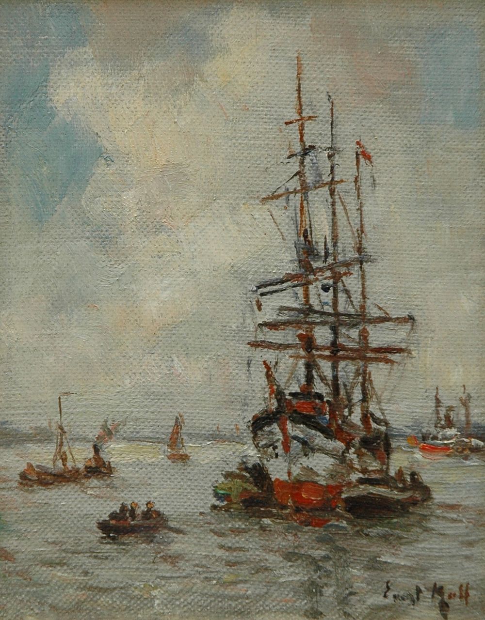 Moll E.  | Evert Moll, Towboats and a moored three-master at the Nieuwe Maas, Rotterdam, Öl auf Leinwand auf Holz 14,0 x 11,0 cm, signed l.r.