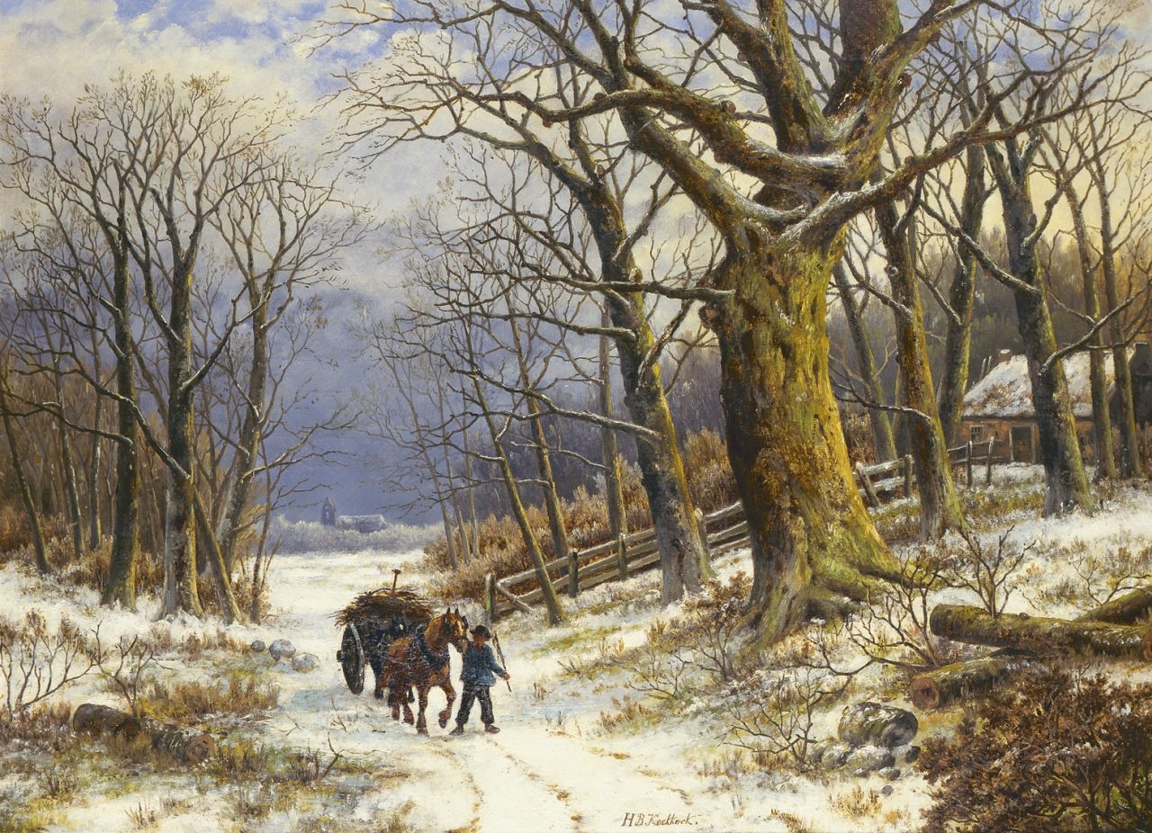 Koekkoek B.H.  | Barend Hendrik 'H.B.' Koekkoek, Holzsammler in der schneebedeckten Waldlandschaft, Öl auf Leinwand 61,0 x 81,3 cm, Unterzeichnet u.l. und datiert 1865