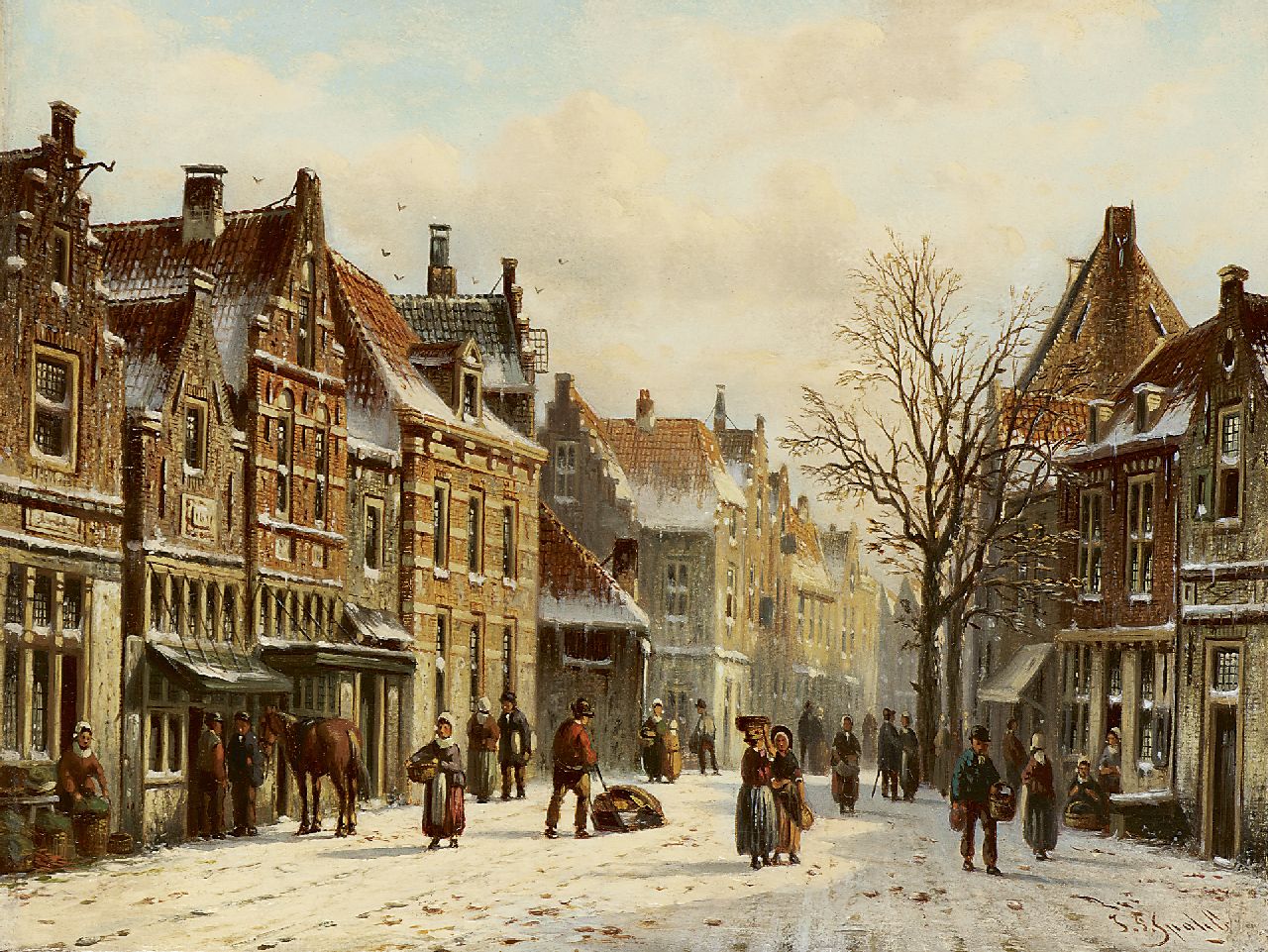 Spohler J.F.  | Johannes Franciscus Spohler, A city view in winter, Öl auf Holz 15,8 x 21,0 cm, signed l.r.
