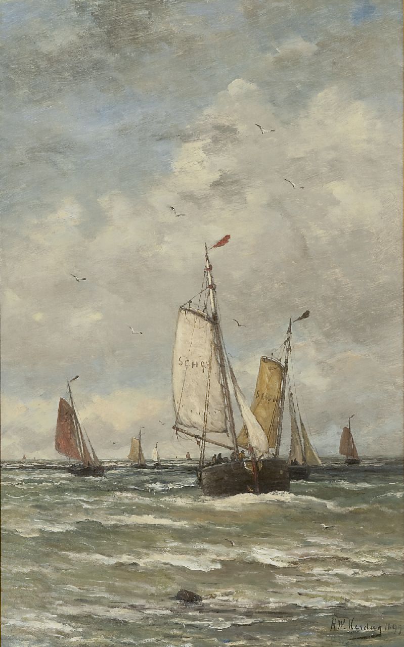 Mesdag H.W.  | Hendrik Willem Mesdag, Fishing boats at sea, Öl auf Leinwand 78,2 x 48,2 cm, Unterzeichnet l.u. und datiert 1899