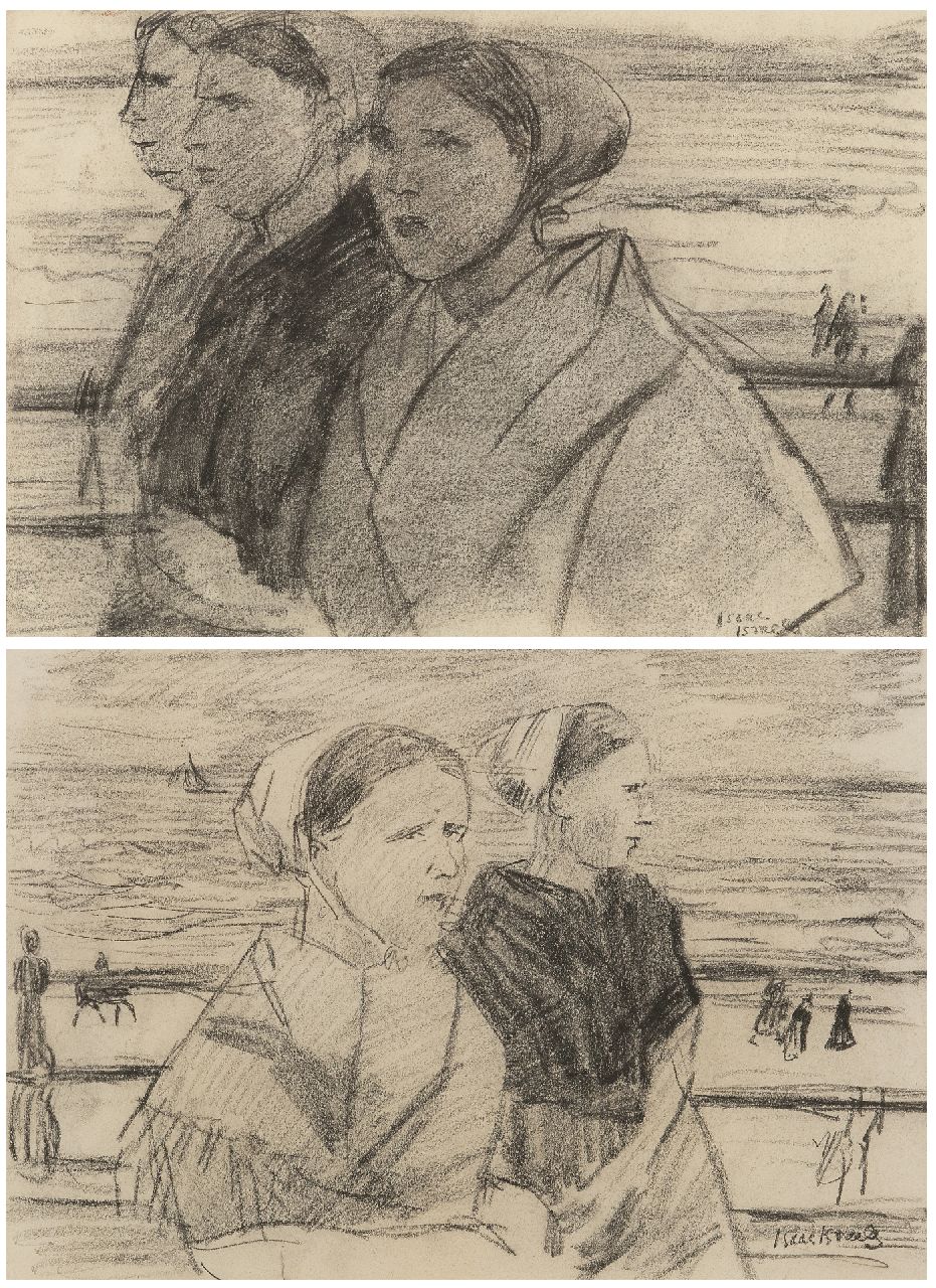 Israels I.L.  | 'Isaac' Lazarus Israels | Aquarelle und Zeichnungen zum Verkauf angeboten | Scheveninger Fischerfrauen auf der Strandpromenade (verso: Drei Fischerfrauen), Pastell auf Papier 22,0 x 31,5 cm, Unterzeichnet r.u.