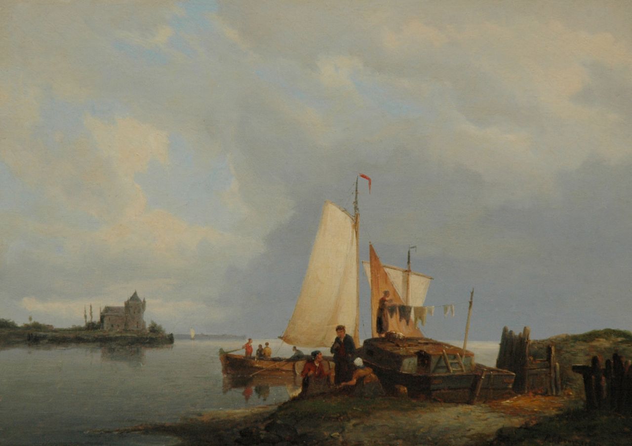 Dommershuijzen P.C.  | Pieter Cornelis Dommershuijzen, Figures near a barge on an estuary, Öl auf Holz 27,1 x 38,3 cm, signed l.r.