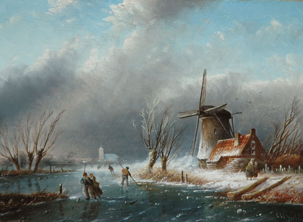 Spohler J.J.C.  | Jacob Jan Coenraad Spohler, Figures on a frozen river by a windmill, Öl auf Holz 17,9 x 24,2 cm, signed l.r.
