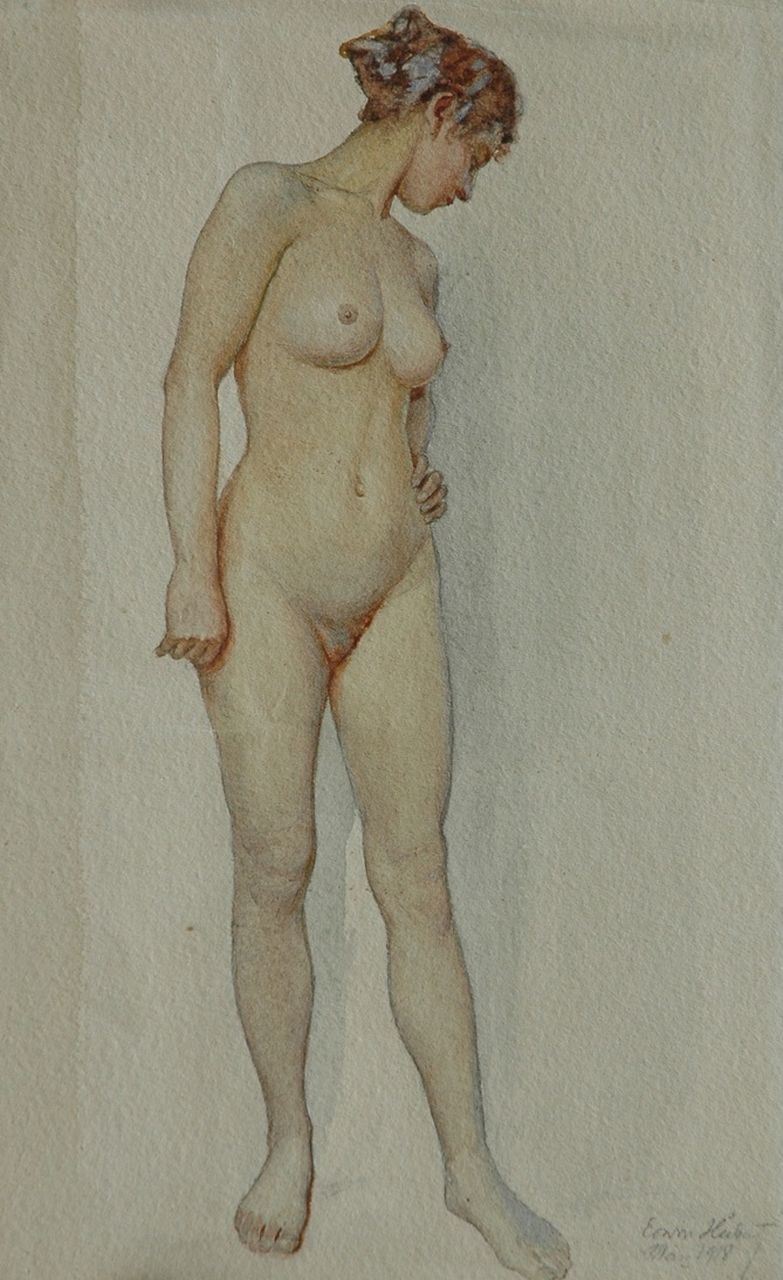 Hubert E.  | Erwin Hubert, Female nude, standing, Bleistift und Aquarell auf Papier 33,0 x 20,0 cm, signed l.r. und dated Mai 1918