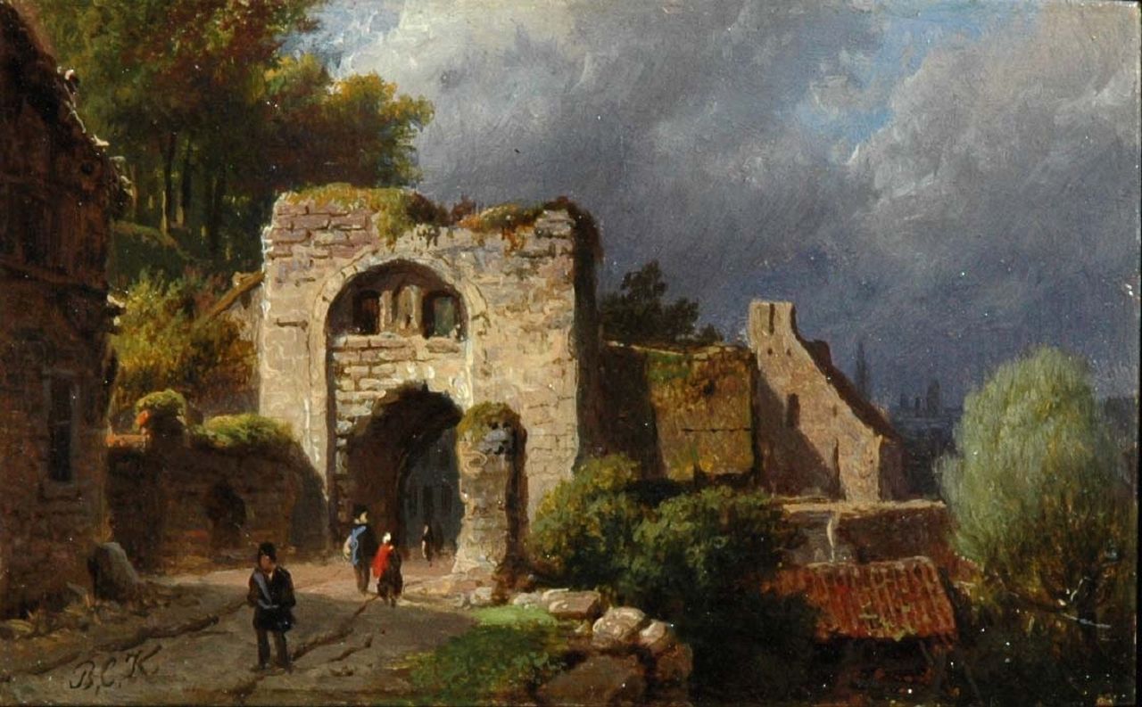 Koekkoek B.C.  | Barend Cornelis Koekkoek, Figures at the ruins of a town gate, Öl auf Kupfer 5,7 x 9,1 cm, Unterzeichnet l.u. mit Initialen und zu datieren ca. 1845