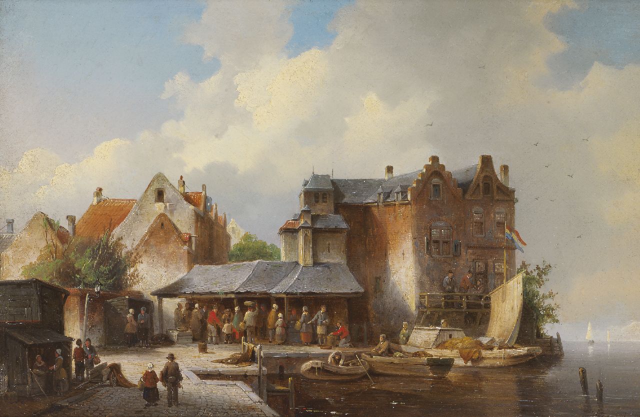 Carabain J.F.J.  | 'Jacques' François Joseph Carabain, A fish market in a Dutch port, Öl auf Holz 22,2 x 33,1 cm, signed l.r.