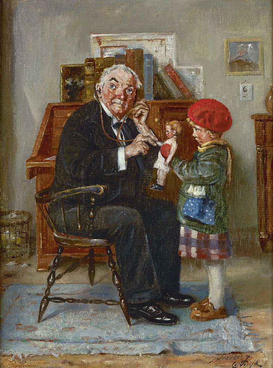 Schreuder van de Coolwijk J.H.W.M.  | 'Jan' Hendrik Willem Maurits Schreuder van de Coolwijk, Mender of dolls, Öl auf Leinwand 40,5 x 30,3 cm, signed l.r.