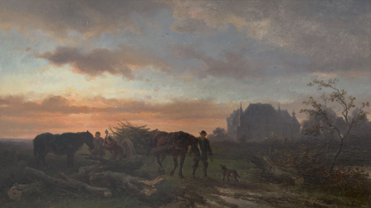 Verschuur W.  | Wouterus Verschuur, Abendlandschaft mit Holzfällern und ihren Pferden, Öl auf Holz 26,2 x 46,0 cm, Unterzeichnet r.u.