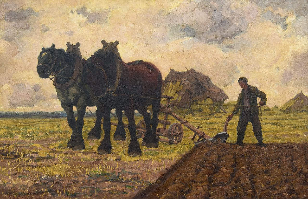 Gouwe A.H.  | Adriaan Herman Gouwe, Pflugende Pferde, Öl auf Leinwand 65,8 x 100,6 cm, Unterzeichnet l.u. und datiert 1911