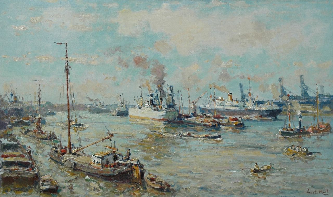 Moll E.  | Evert Moll, Oceansteamer on the Nieuwe Maas near Rotterdam, Öl auf Leinwand 60,2 x 100,3 cm, signed l.r.