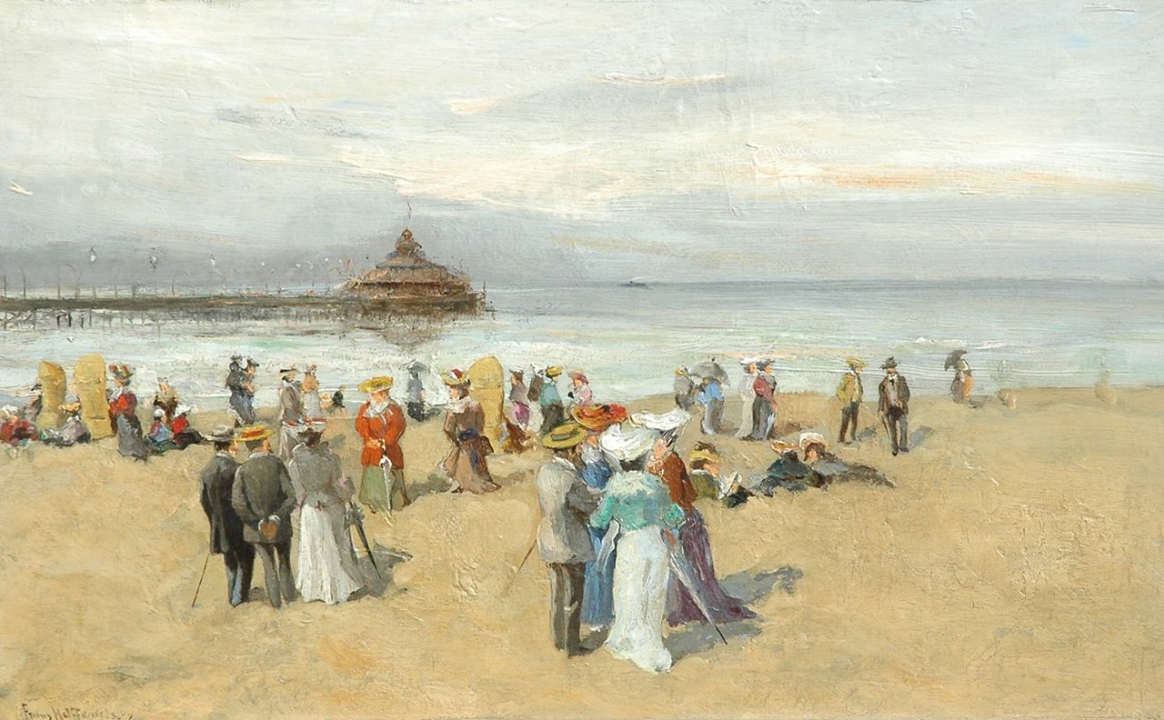 Helfferich F.W.  | Franciscus Willem 'Frans' Helfferich, Parading the beach of Scheveningen, Öl auf Holz 24,9 x 40,1 cm, signed l.l. und painted '09