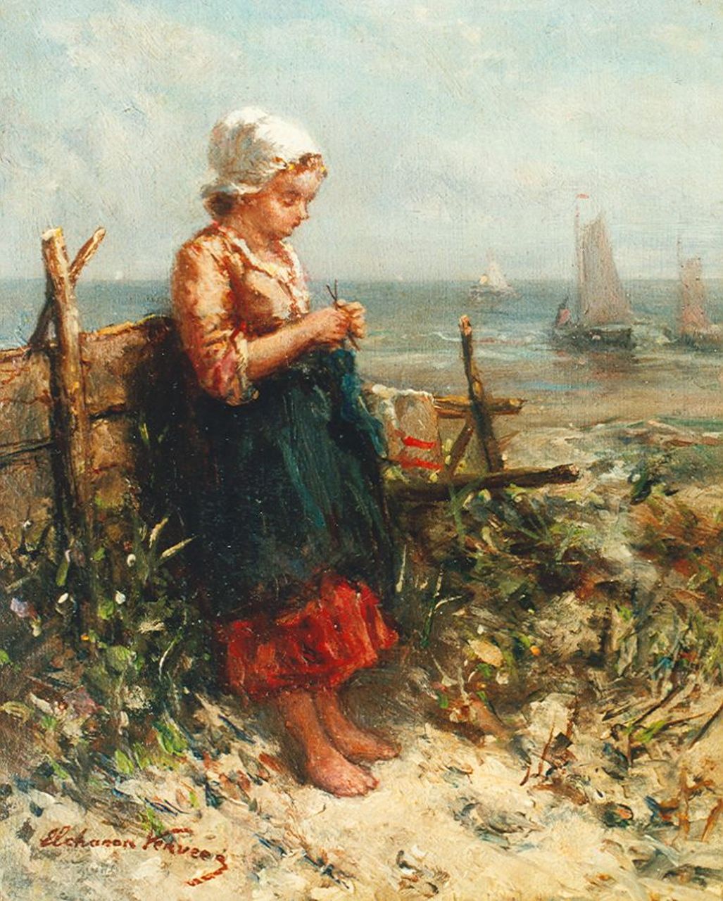 Verveer E.L.  | 'Elchanon' Leonardus Verveer, A girl knitting, Öl auf Holz 11,2 x 9,0 cm, signed l.l.