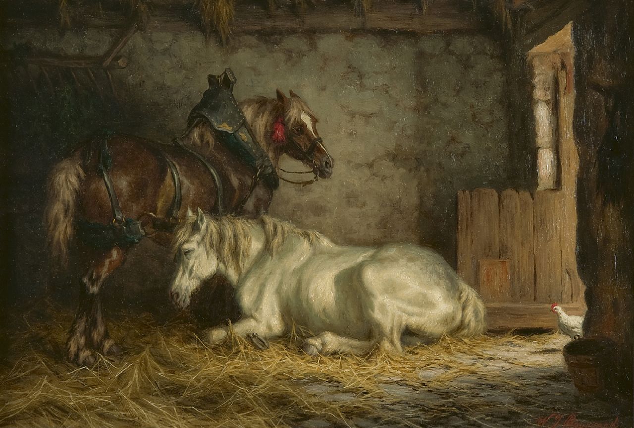 Boogaard W.J.  | Willem Johan Boogaard | Gemälde zum Verkauf angeboten | Ruhende Pferde in einem Stall, Öl auf Holz 27,5 x 40,0 cm, Unterzeichnet r.u.