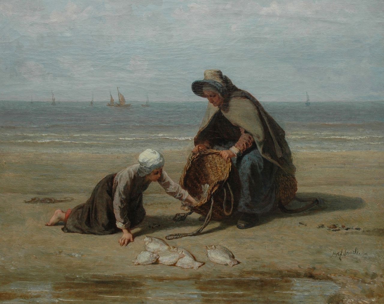 Israëls J.  | Jozef Israëls, Fisherman's wife and daughter on the beach with the daily catch, Öl auf Leinwand 54,0 x 67,0 cm, signed l.r.
