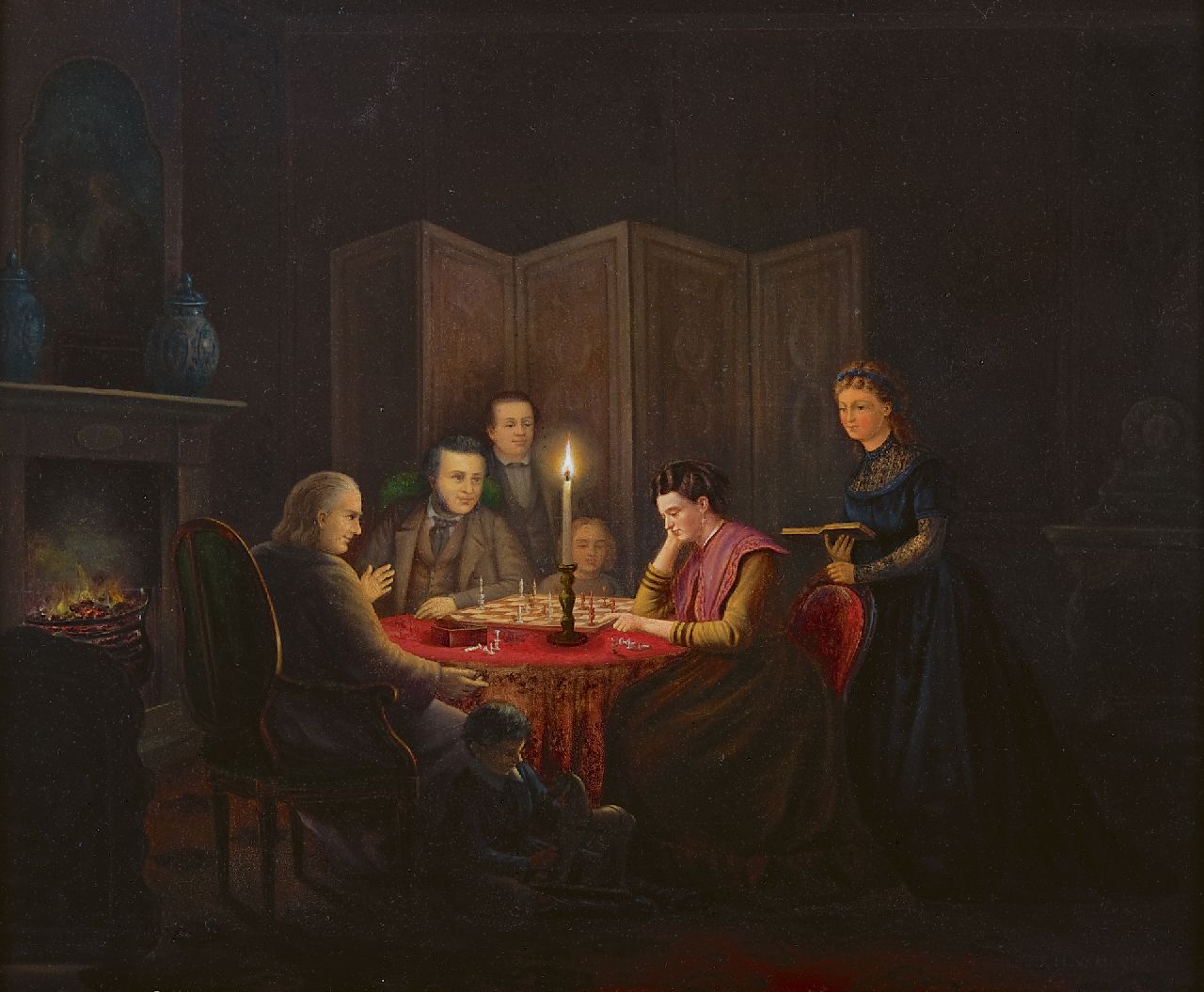 Heijden J.H. van der | Johannes Hermanus van der Heijden, Abendliches Schachspiel, Öl auf Holz 41,5 x 51,3 cm, Unterzeichnet r.u.