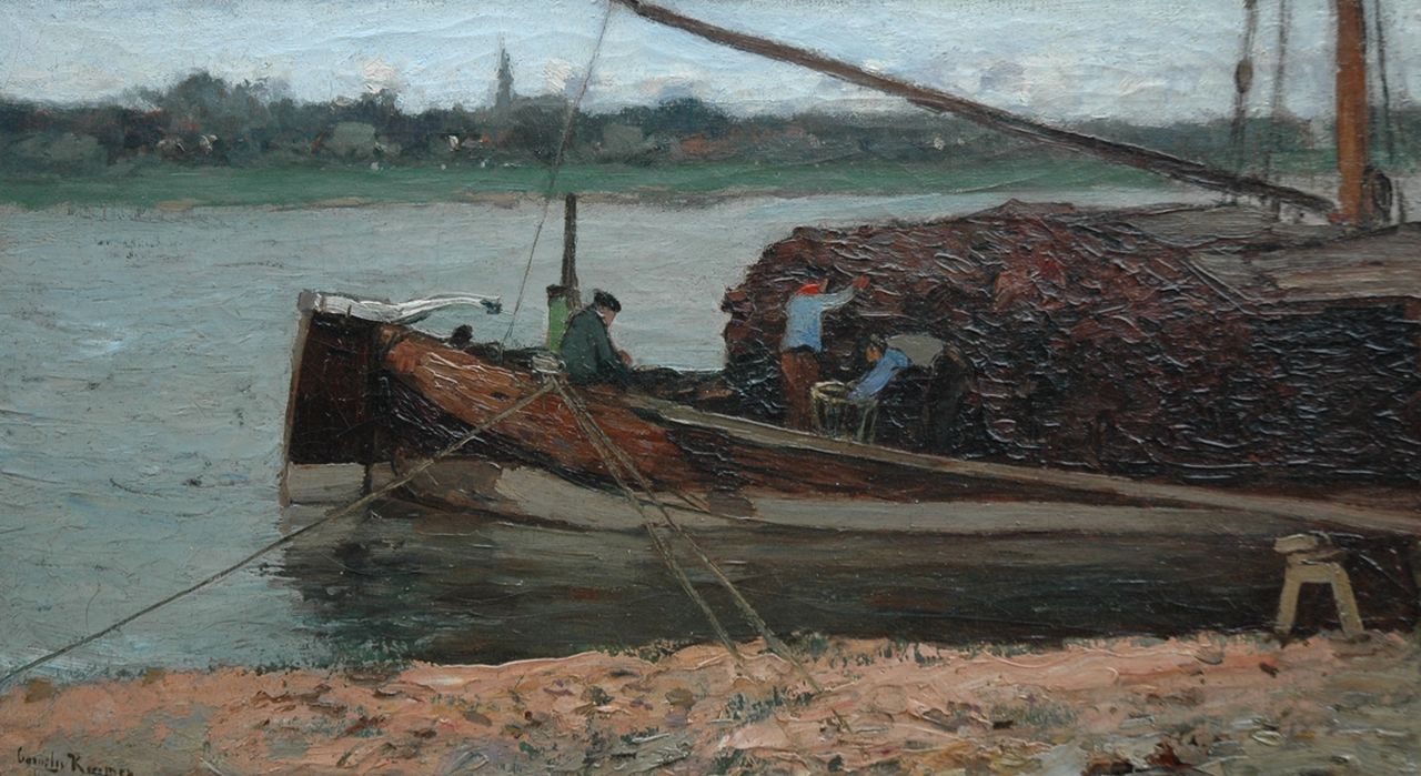 Kuijpers C.  | Cornelis Kuijpers, Moored peat barge, Öl auf Leinwand 30,1 x 52,6 cm, signed l.l.