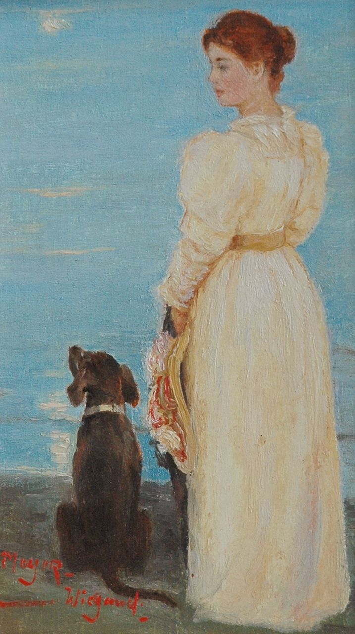 Meyer-Wiegand R.D.  | Rolf Dieter Meyer-Wiegand, Woman with a dog near the water's edge, Öl auf Holz 16,0 x 20,0 cm, signed l.l.