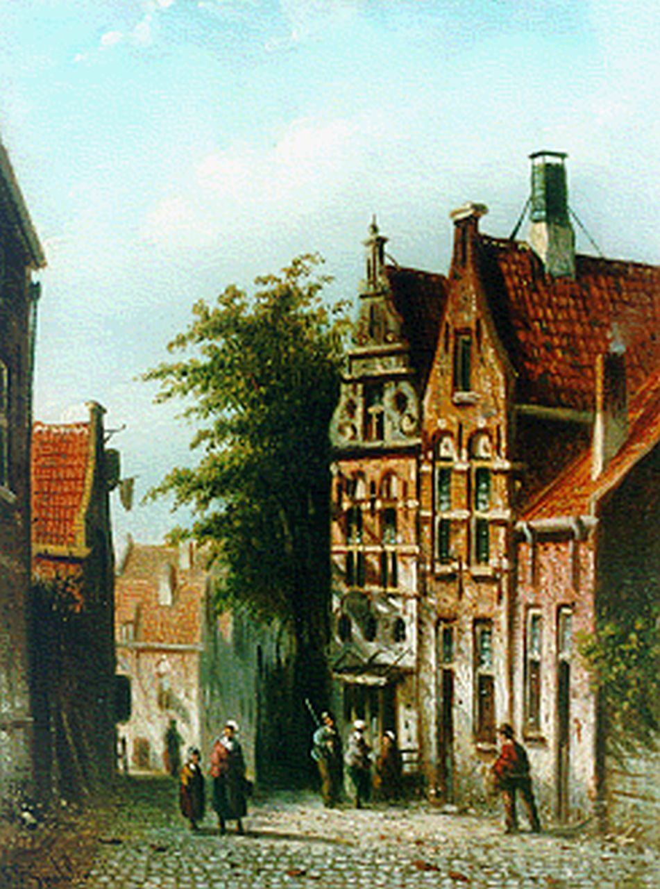 Spohler J.F.  | Johannes Franciscus Spohler, A sunlit street, Öl auf Holz 20,8 x 15,9 cm, signed l.l.
