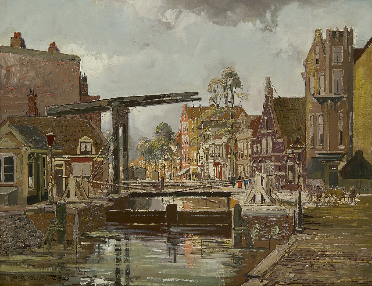 Jan Hermanus Melcher Tilmes | Brücke über die Schinkel, die Sluis am Overtoom Amsterdam, Öl auf Leinwand, 35,2 x 44,7 cm, Unterzeichnet l.u.