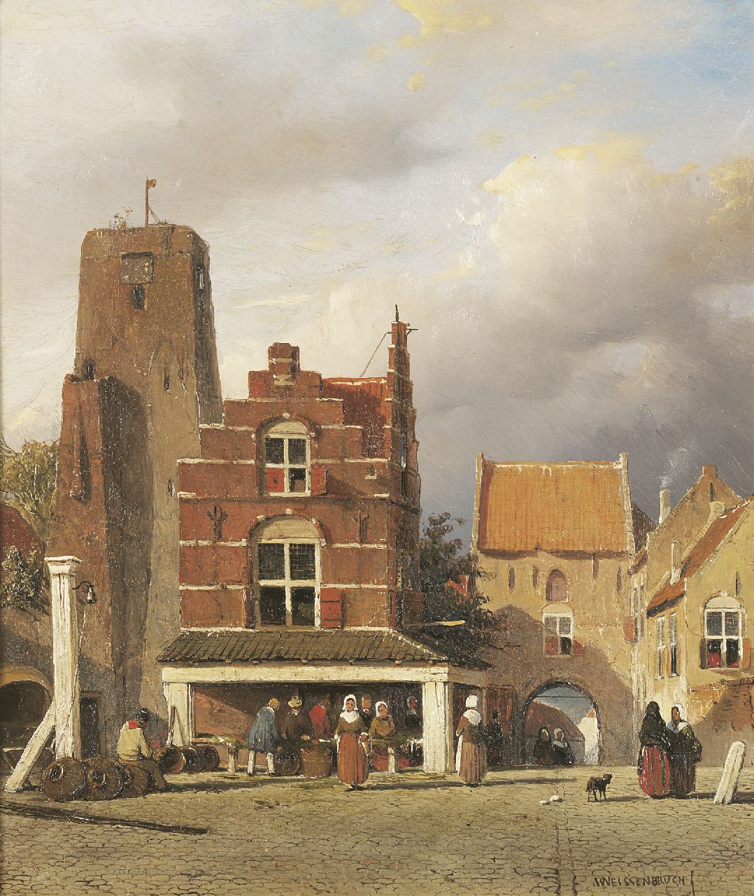 Weissenbruch J.  | Johannes 'Jan' Weissenbruch, Figuren bei der Fischbank auf dem Markt von Woudrichen, mit dem Hofturm, Öl auf Holz 30,9 x 25,7 cm, Unterzeichnet r.u.