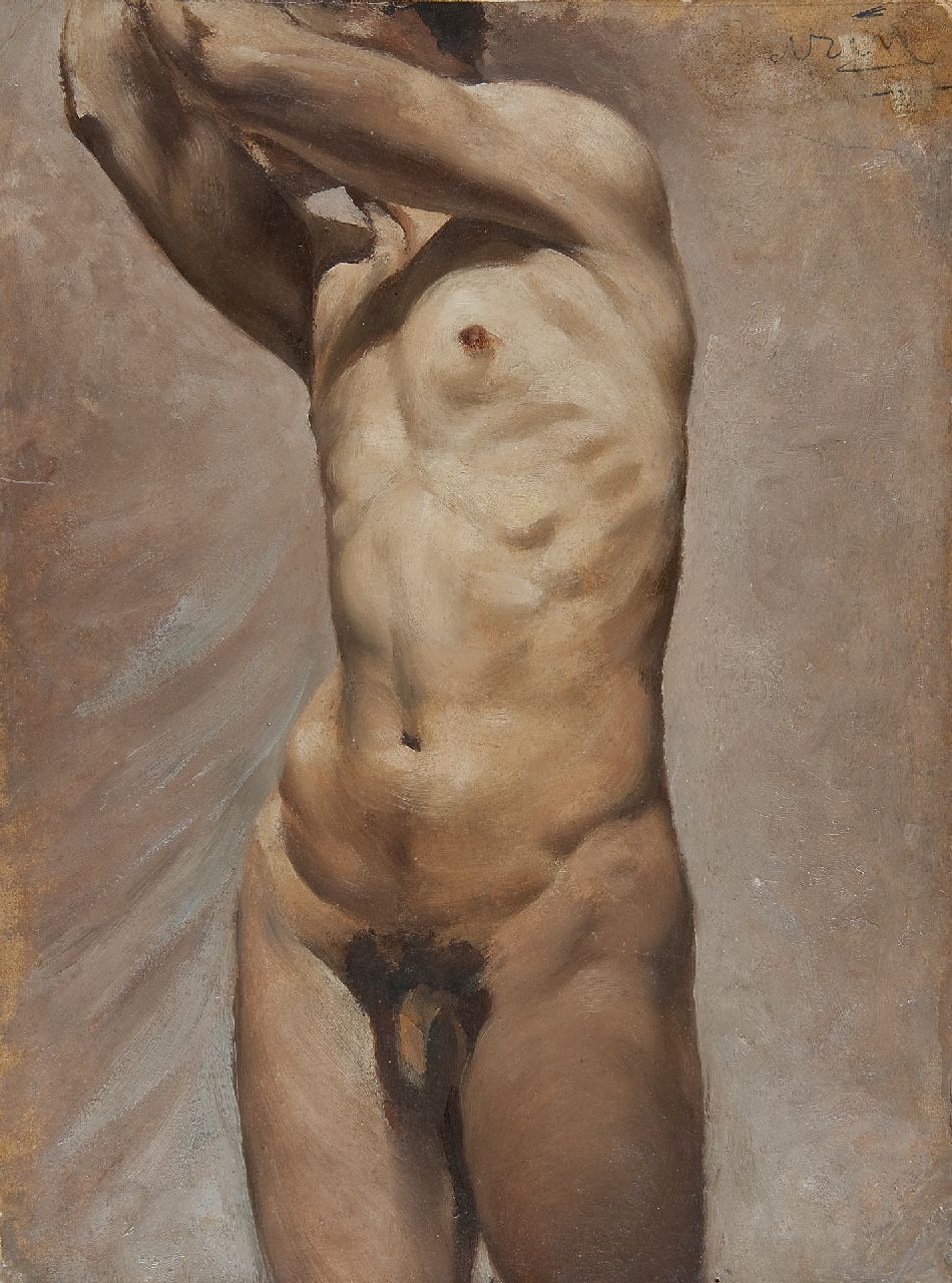 Franse School   | Franse School, Study: male nude, standing, Öl auf Holzfaser 45,0 x 33,5 cm, signed u.r.