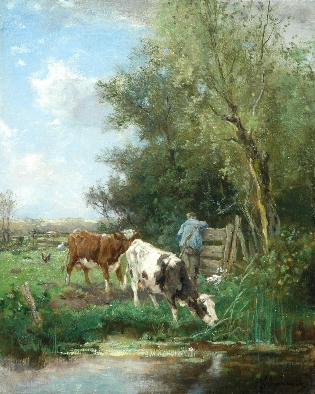 Scherrewitz J.F.C.  | Johan Frederik Cornelis Scherrewitz, A farmer with cattle by a fence, Öl auf Leinwand 50,3 x 40,6 cm, signed l.r.
