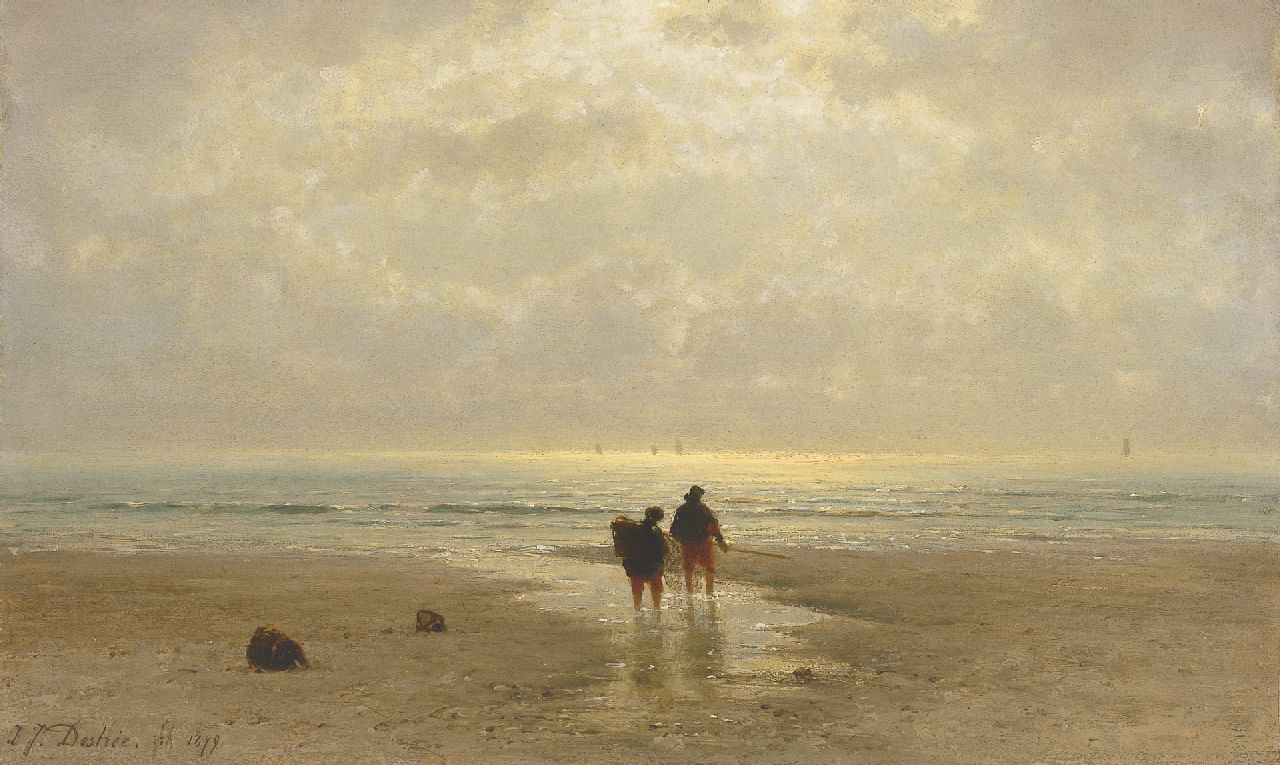 Destrée J.J.  | Johannes Josephus Destrée, Two shellgatherers on the beach at sunset, Öl auf Holz 32,6 x 52,0 cm, signed l.l. und dated 1879