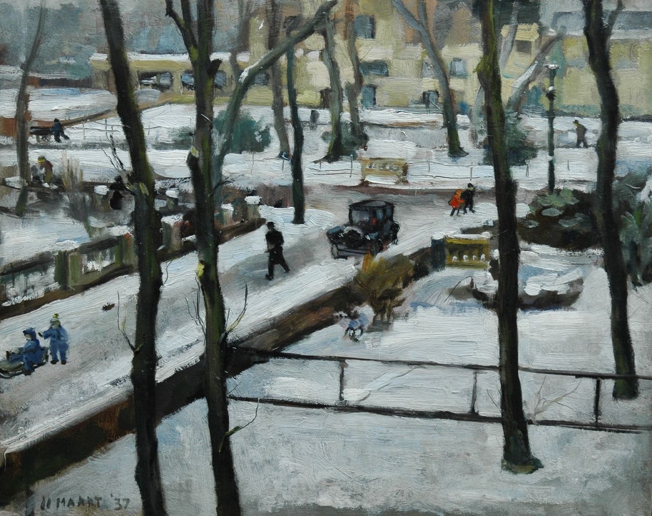 Arntzenius E.C.  | Elise Claudine Arntzenius, A view of The Hague in winter, with the Municipal Museum in the distance, Öl auf Holz 32,4 x 40,2 cm, dated 11 maart '37